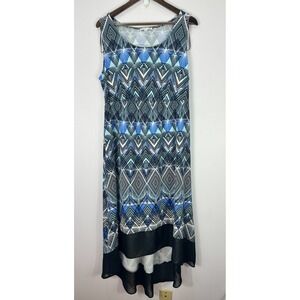 Notations Dress 1X Blue Black Geometric Print High Low Sleeveless Boho‎ Art Deco